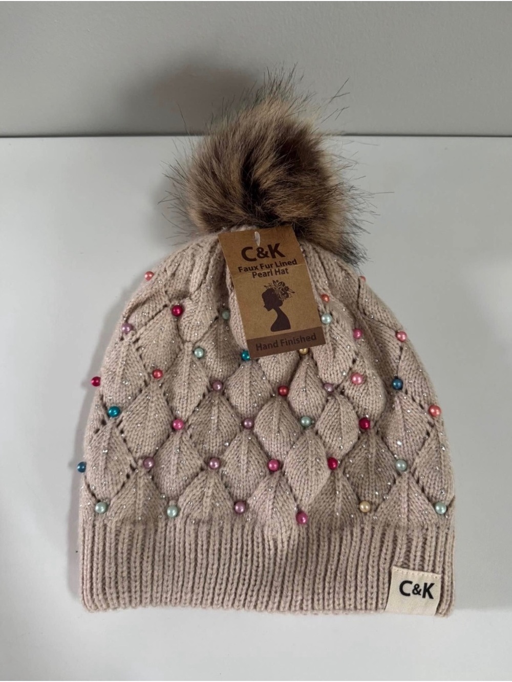 C&K Faux Fur Lined Multi-color Pearl Beanie Hand Finished Cable Knit Winter Hat